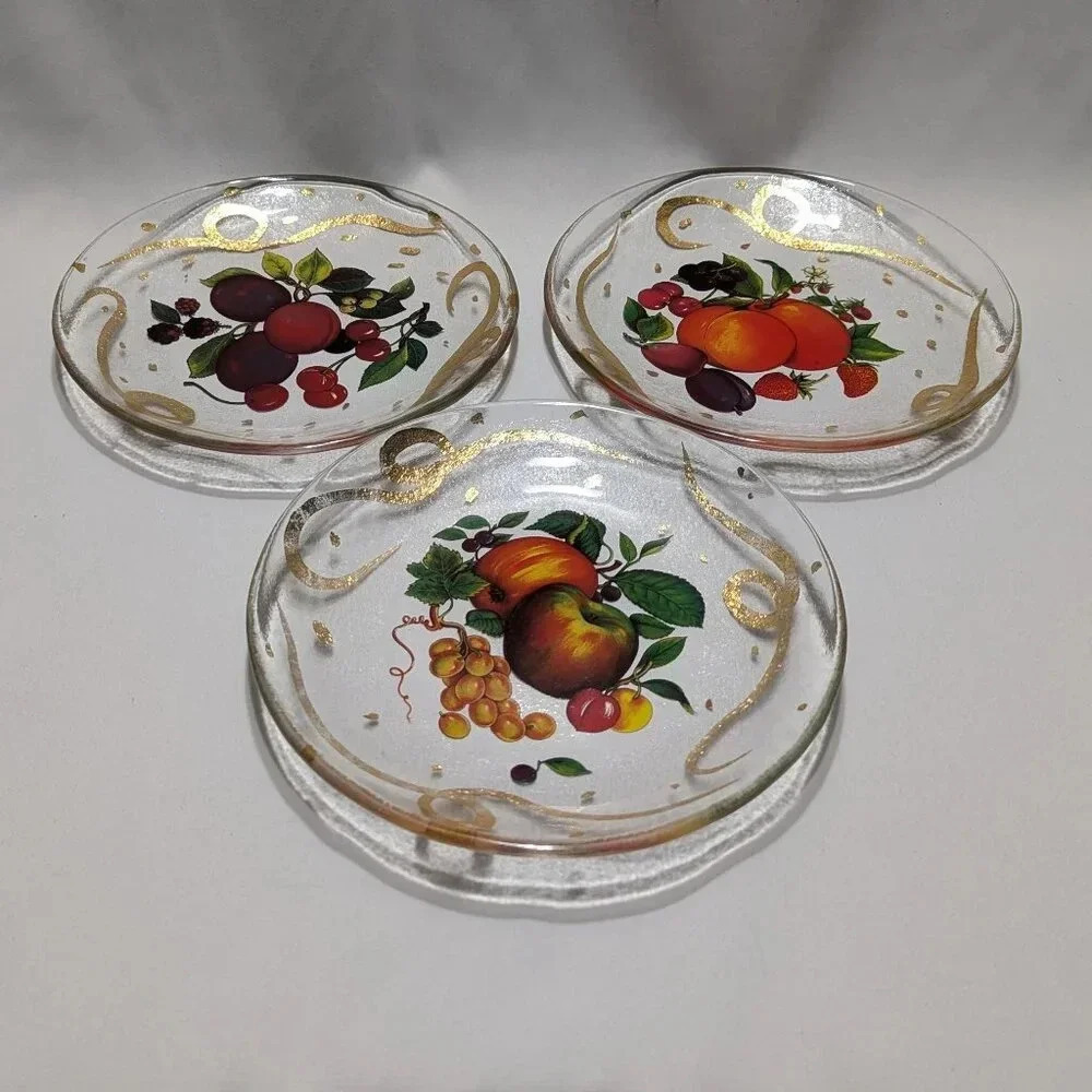 Set of 3 Clear Glass Plates with Fruit Decoration Gold